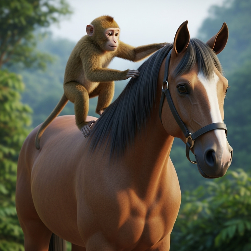 Playful Monkey Riding Majestic Horse in Lush Jungle Playful Monkey Riding Majestic Horse in Lush Jungle
