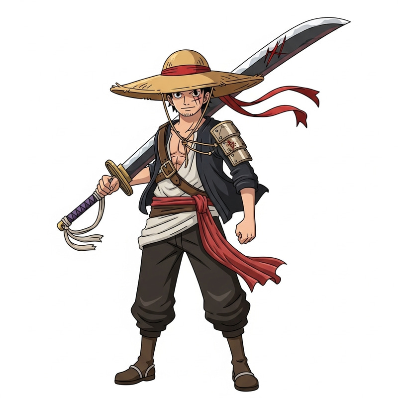 Empowering Male Anime Character with Pirate Hat, Warrior Headband & Samurai Sword Empowering Male Anime Character with Pirate Hat, Warrior Headband & Samurai Sword