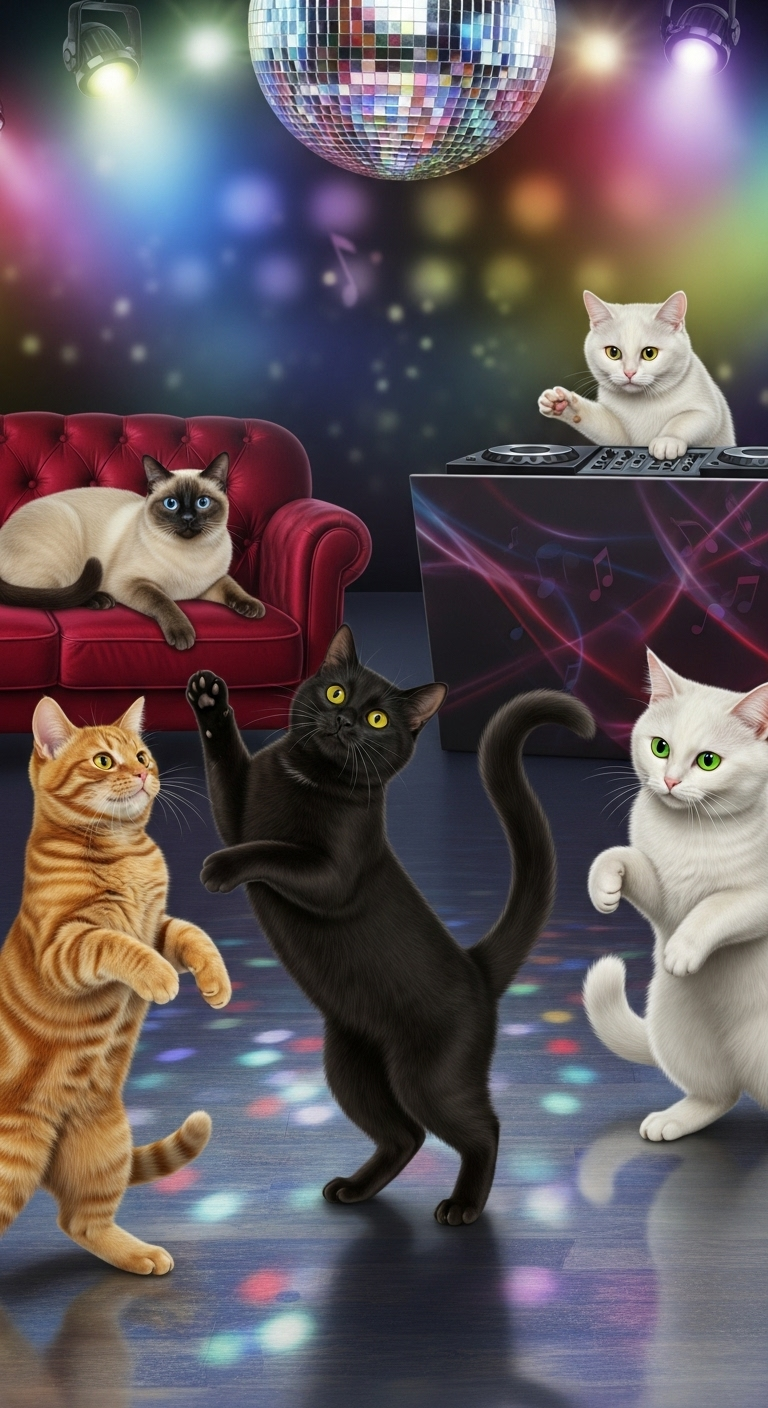 Cats Dancing at Nightclub - Energetic Feline Party Cats Dancing at Nightclub - Energetic Feline Party