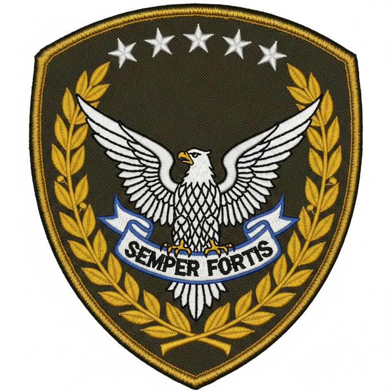 Military Patch: Shield Shape with Eagle, Laurel Wreath & Semper Fortis Military Patch: Shield Shape with Eagle, Laurel Wreath & Semper Fortis