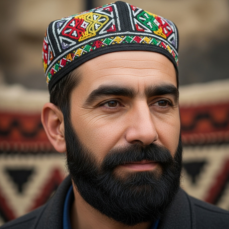 Tajik Man with Monobrow and Black Beard - Close-up Shot