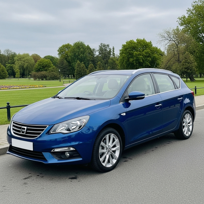 Sapphire Blue Modern Family Car in Elegant Park Setting Sapphire Blue Modern Family Car in Elegant Park Setting