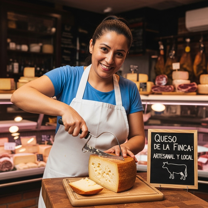 Smiling Woman Cuts Round Flor de Esgueva Cured Cheese at Butcher Shop Smiling Woman Cuts Round Flor de Esgueva Cured Cheese at Butcher Shop