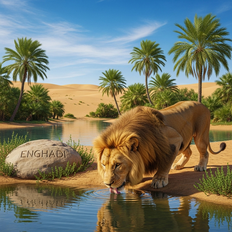 Majestic Lion Drinking at Enghadi Oasis - Captivating Wildlife Scene