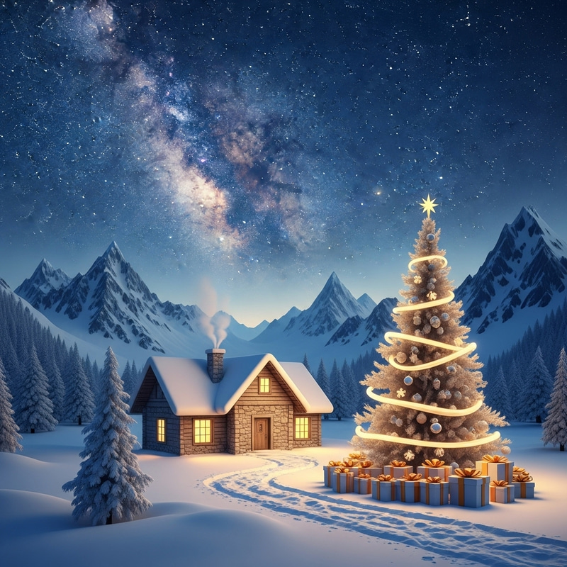 Snow-Covered Mountains & Cozy Christmas Scene with Starlit Sky and Festive Chalet Snow-Covered Mountains & Cozy Christmas Scene with Starlit Sky and Festive Chalet