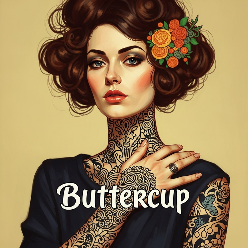 Confident and Fiercely Spirited: Buttercup Portrait with Graphic Tattoos Confident and Fiercely Spirited: Buttercup Portrait with Graphic Tattoos