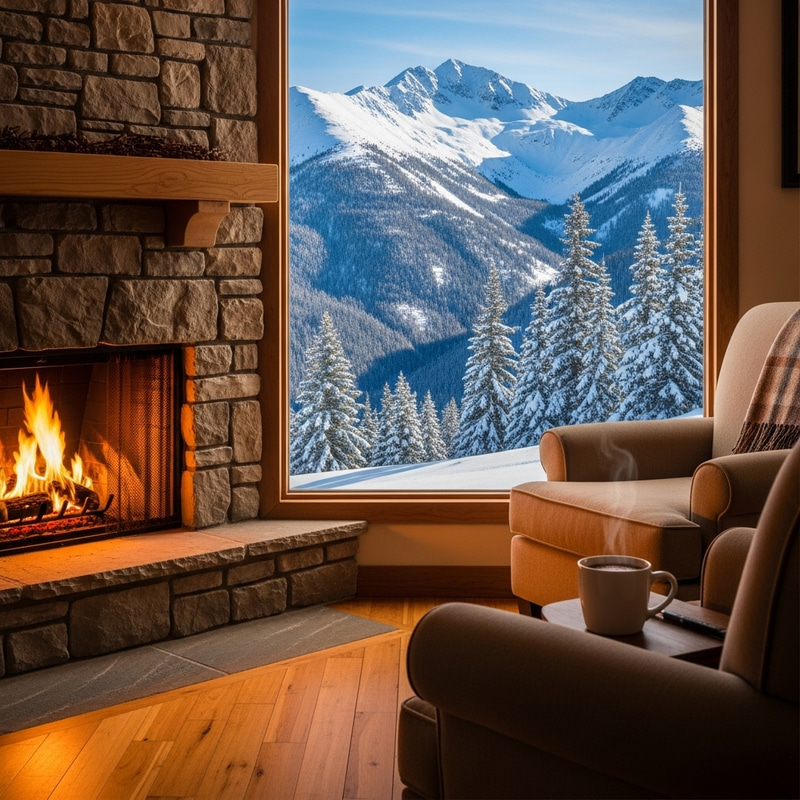 Cozy Fireplace with Snowy Mountain View | Winter Retreat