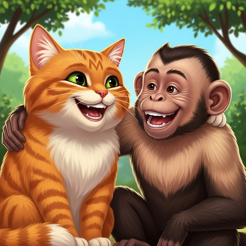 Friendly Cat and Monkey Smiling Together Image Friendly Cat and Monkey Smiling Together Image