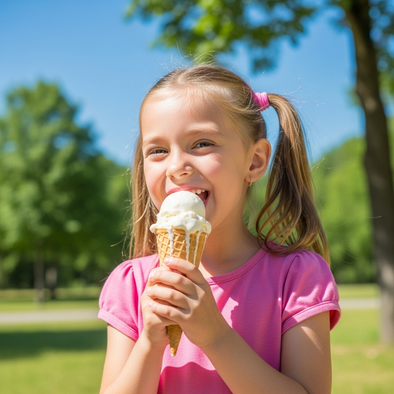 Little White Girl Savoring Vanilla Ice Cream Outdoors Little White Girl Savoring Vanilla Ice Cream Outdoors