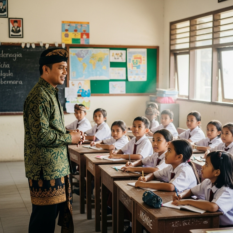 Indonesian Male Teacher in Traditional Attire Teaching Diverse Students Indonesian Male Teacher in Traditional Attire Teaching Diverse Students