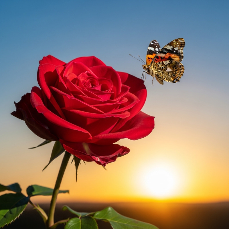 Crimson Rose Blooming with Sun and Butterfly in Blue Sky Crimson Rose Blooming with Sun and Butterfly in Blue Sky