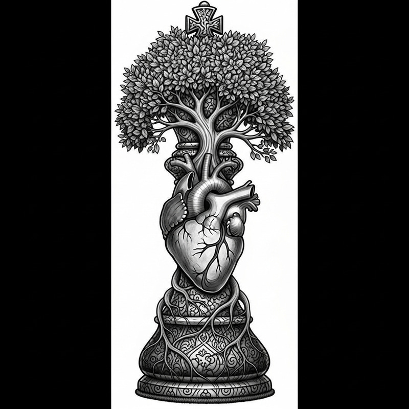 Intricately Carved Chess King Tattoo Design with Tree and Heart Intricately Carved Chess King Tattoo Design with Tree and Heart
