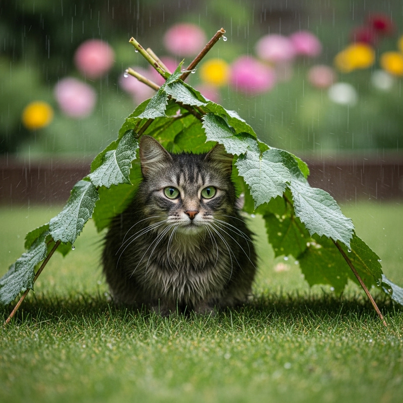 Cat Sheltering Under Leaves During Rainy Day Cat Sheltering Under Leaves During Rainy Day