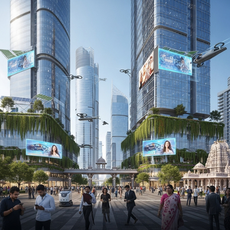 India 2050: Futuristic Vision with Skyscrapers, Solar Panels, and Flying Cars