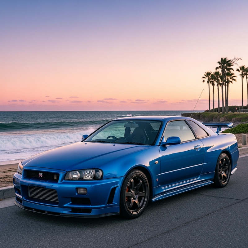 Nissan GTR 34 by the Seaside | Tranquil Evening Scene Nissan GTR 34 by the Seaside | Tranquil Evening Scene
