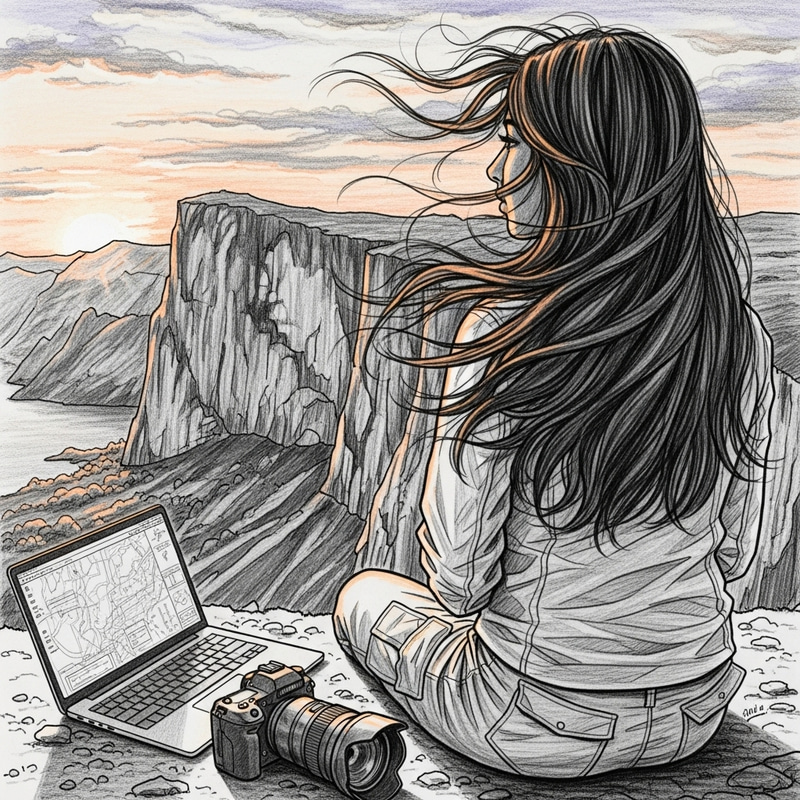 Sketched Adventure: South Asian Girl at Sunset Sketched Adventure: South Asian Girl at Sunset