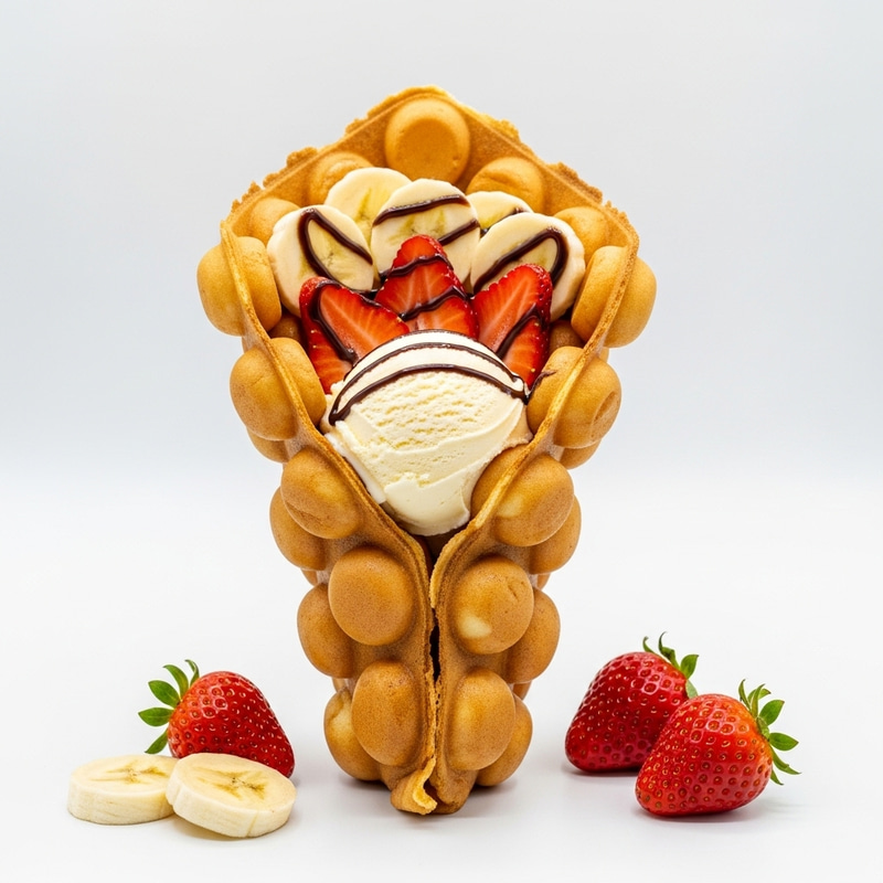 Delicious Hong Kong Waffle with Ice Cream, Strawberries, and Bananas Delicious Hong Kong Waffle with Ice Cream, Strawberries, and Bananas