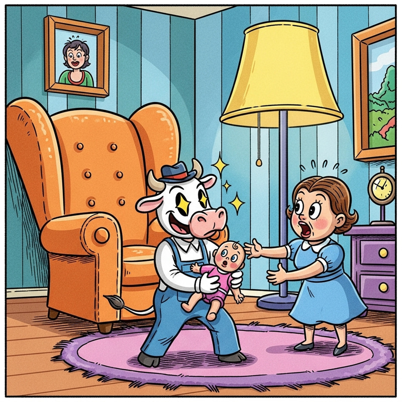 Funny Cow Cartoon: Kidnapping Baby, Humorous Garfield Style Funny Cow Cartoon: Kidnapping Baby, Humorous Garfield Style