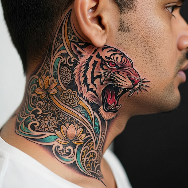 Intricate South Asian Male Neck Tattoo in 4K Resolution