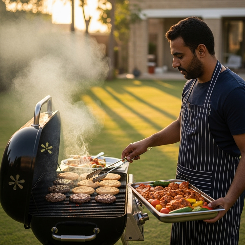 Man Grilling Outdoors: Middle-Eastern BBQ Over Charcoal Grill