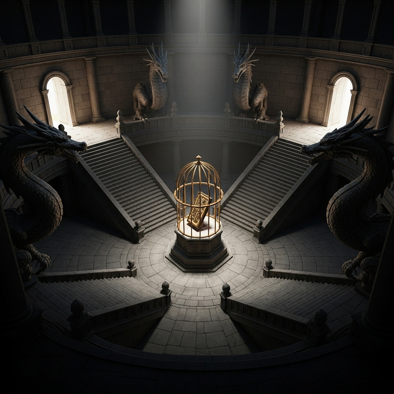 Intriguing Circular Room with Staircases, Dragon Statues, and a Mystery Object Intriguing Circular Room with Staircases, Dragon Statues, and a Mystery Object
