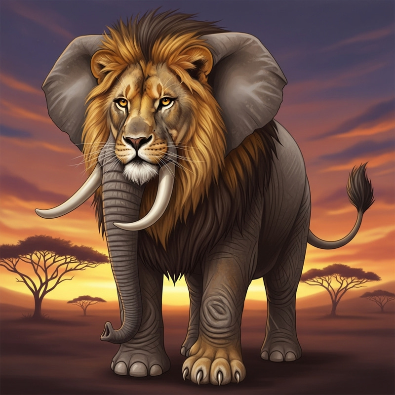 Majestic Hybrid Animal: Elephant Cat Lion Fusion