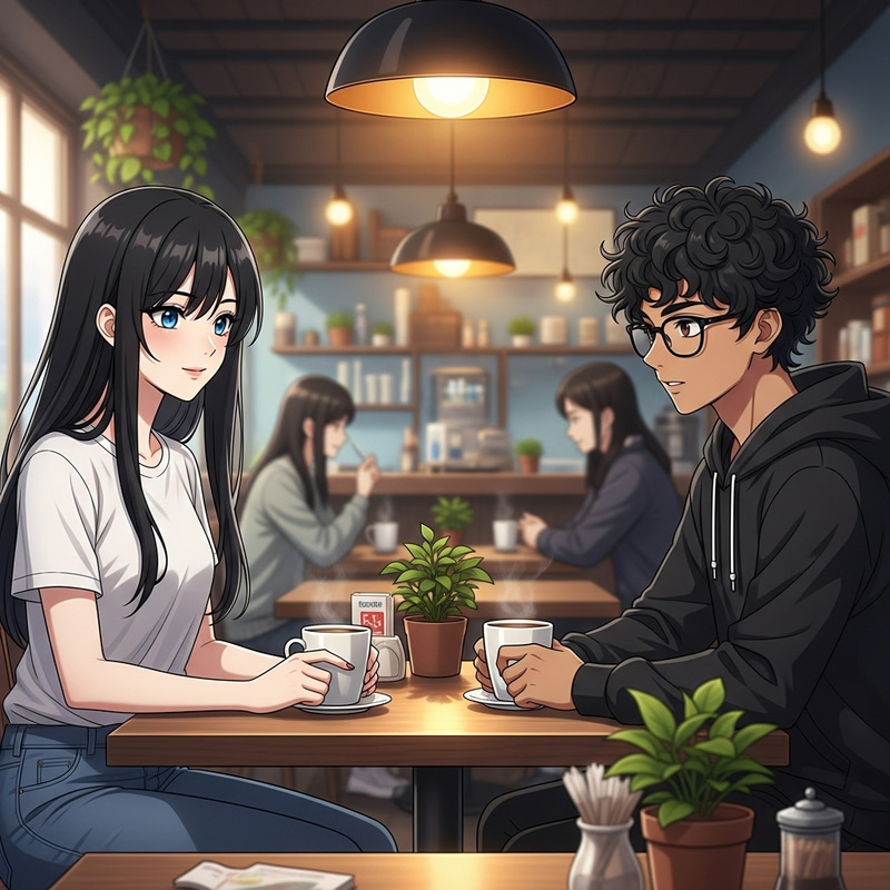 Anime Girl and Boy in Café: Black Hair, Blue Eyes, White T-shirt, Jeans