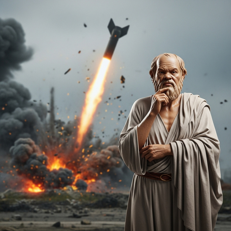 Socrates Contemplating Amid Bomb Blast Chaos