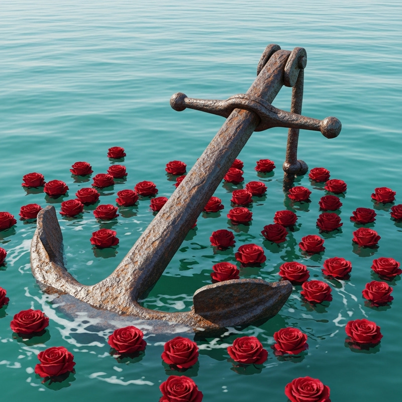 Ship Anchor with Dark Red Roses | Aquamarine Beauty Ship Anchor with Dark Red Roses | Aquamarine Beauty