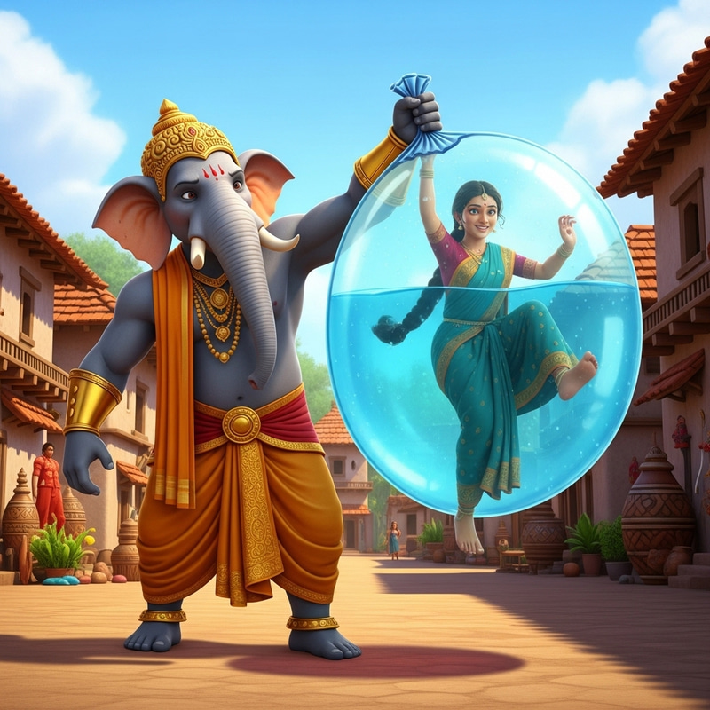 Majestic Ganesha Superhero Foils Villain's Plot with Water-Filled Diaper Majestic Ganesha Superhero Foils Villain's Plot with Water-Filled Diaper