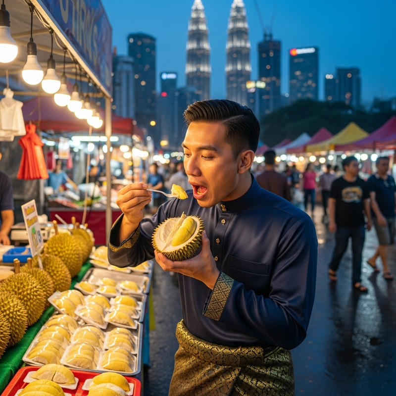 Elon Musk Enjoying Durian at Sri Petaling Night Market with KLCC Skyline Elon Musk Enjoying Durian at Sri Petaling Night Market with KLCC Skyline