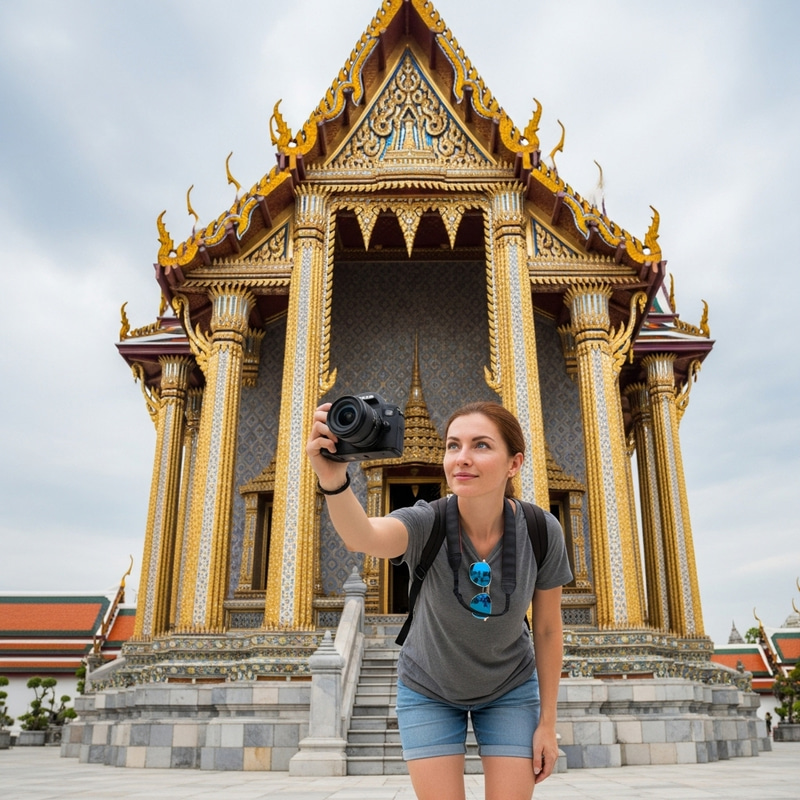 Caucasian Tourist Capturing Thai Temple Beauty | Thailand Excursion Caucasian Tourist Capturing Thai Temple Beauty | Thailand Excursion