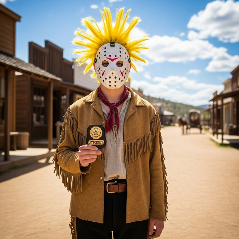 17-Year-Old Teenager in Pioneer Uniform with Attorney Badge, Hockey Mask, and Spiky Yellow Hair