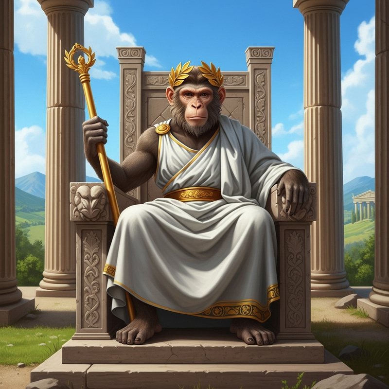Majestic Monkey: A Greek God Ruling with Toga, Wreath & Sceptre