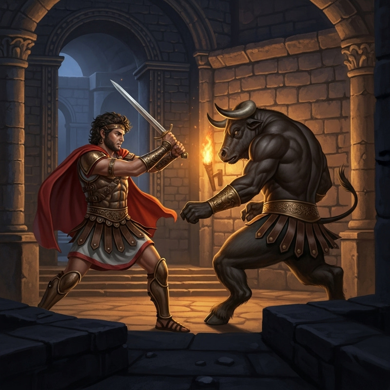 Theseus vs Minotaur: Mythical Battle in the Dark Labyrinth