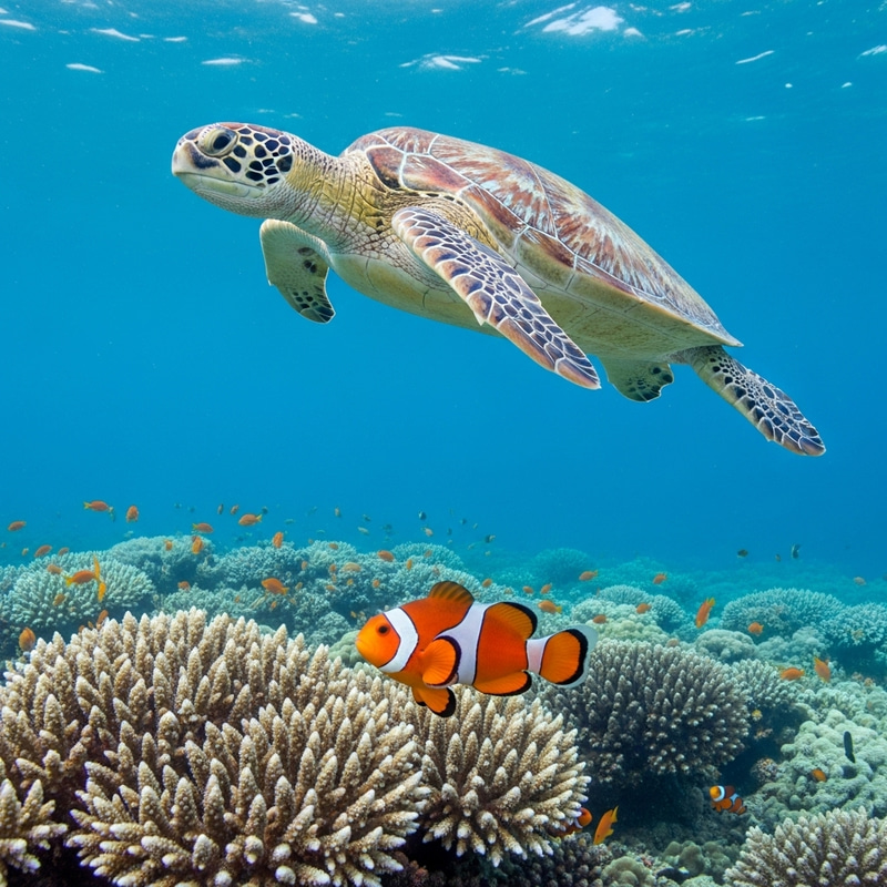 Colorful Sea Life: Fish and Turtle Underwater Colorful Sea Life: Fish and Turtle Underwater