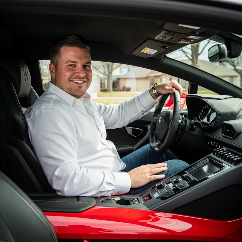 Chubby Man in a Red Lamborghini | Luxury Ride Image Chubby Man in a Red Lamborghini | Luxury Ride Image