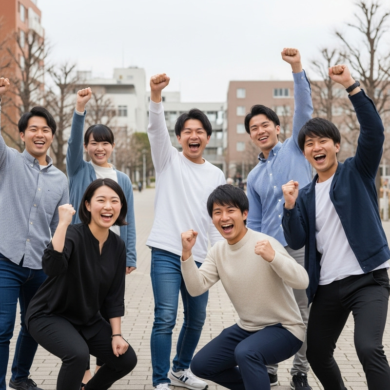 Excited Japanese College Students Celebrating with Victory Pose Excited Japanese College Students Celebrating with Victory Pose