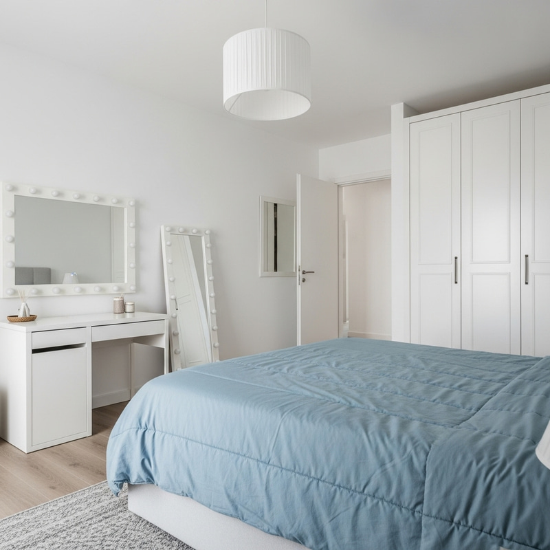 Modern White Bedroom with Blue Comforter & Elegant Mirror Decor Modern White Bedroom with Blue Comforter & Elegant Mirror Decor