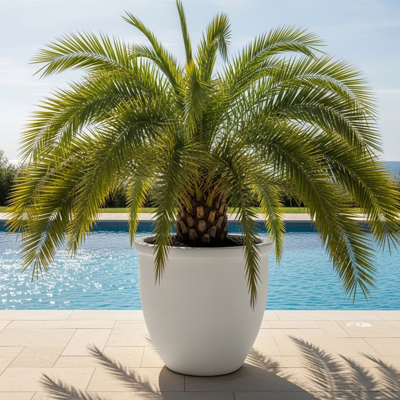 Large White Cement Pot with Palm Tree by Pool