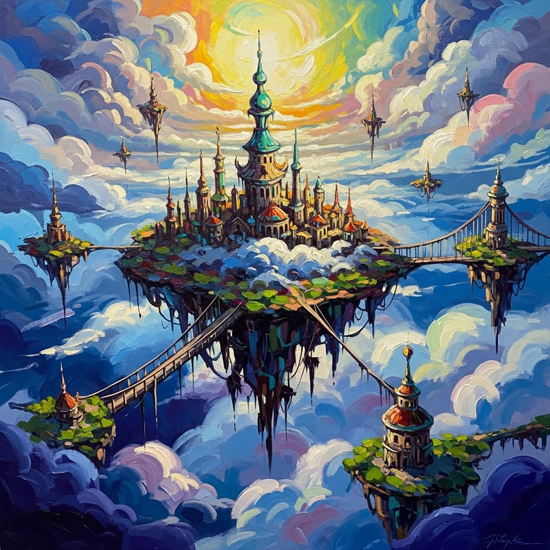 Dreamlike Floating City in Clouds | Surreal Impressionist Painting Dreamlike Floating City in Clouds | Surreal Impressionist Painting