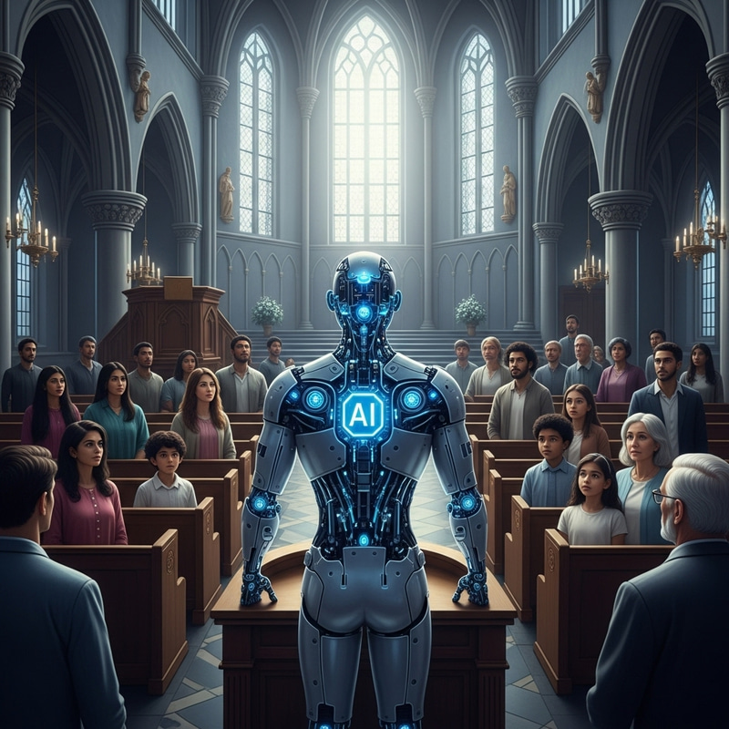 Living AI preaching to masses in futuristic mega church