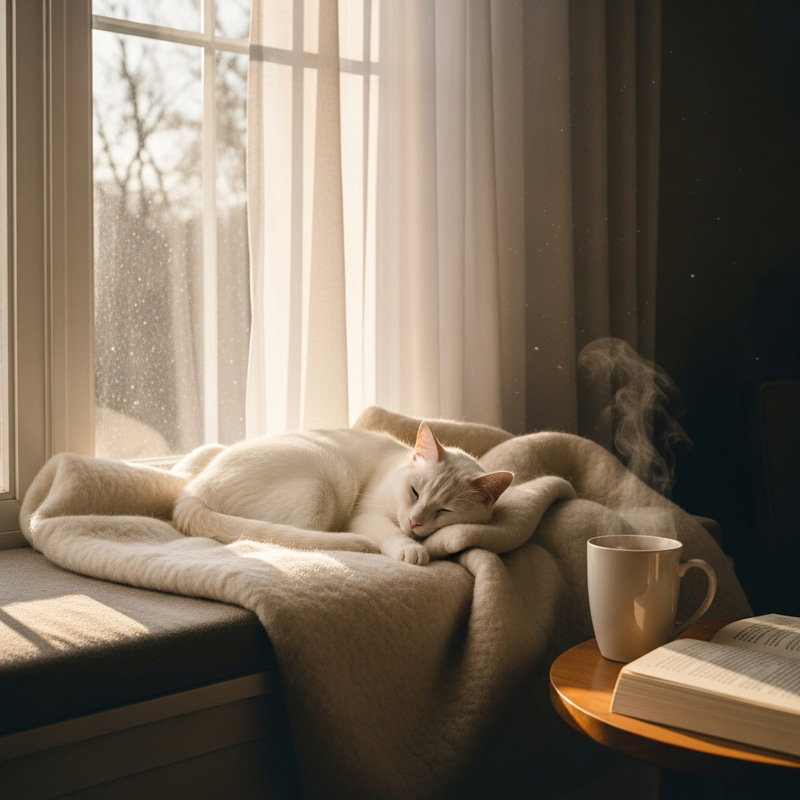 Tranquil Morning Setting with White Cat Sleeping Indoors Tranquil Morning Setting with White Cat Sleeping Indoors