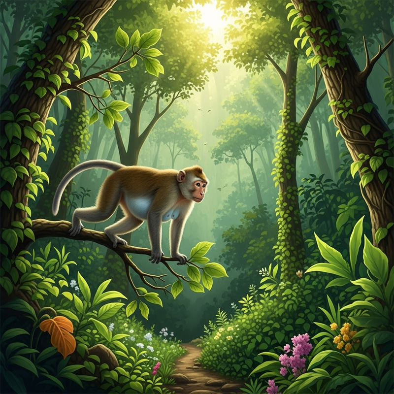 Green Forest Scene with Swinging Monkey - Lush Tropical Rainforest Green Forest Scene with Swinging Monkey - Lush Tropical Rainforest