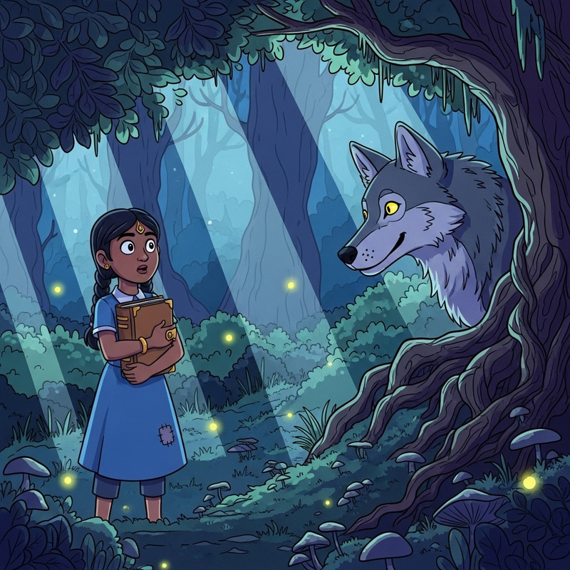 Curious Girl Encounters Mysterious Wolf in Moonlit Forest