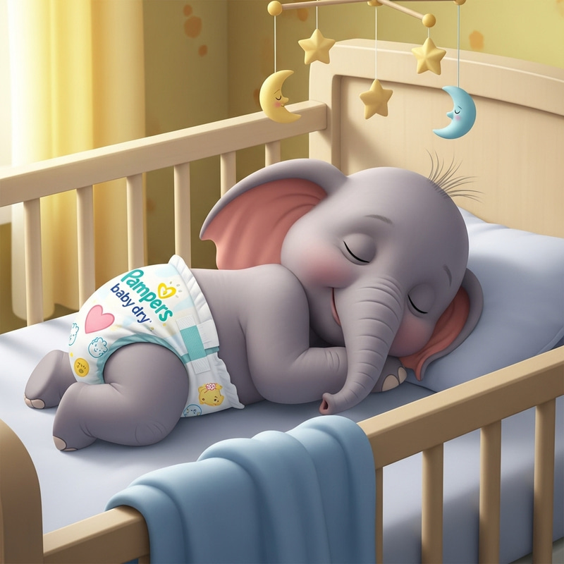 Baby Elephant Sleeps in Pampers Baby Dry Diapers