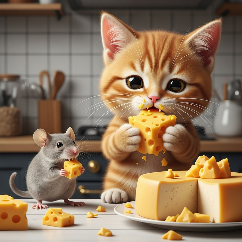 Hyper-realistic Grey Mouse and Cartoonish Ginger Cat with Cheese Hyper-realistic Grey Mouse and Cartoonish Ginger Cat with Cheese