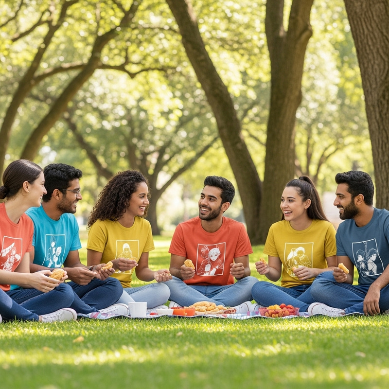 Happy Young People Sharing Their Love for Anime Outdoors Happy Young People Sharing Their Love for Anime Outdoors
