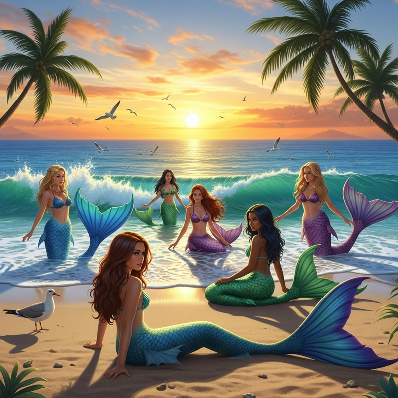 Diverse Mermaid Community Enjoying Sunset on Sandy Beach Diverse Mermaid Community Enjoying Sunset on Sandy Beach