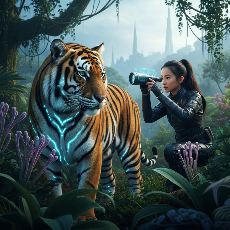 Thrilling Sci-Fi Encounter: Asian Girl with Bengal Tiger in Exotic Jungle
